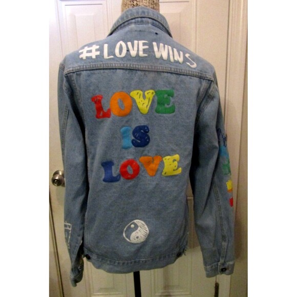 Brooklyn Cloth Pride Doodle Jean Jacket Blue Denim Peace Love United Size M - Picture 5 of 13
